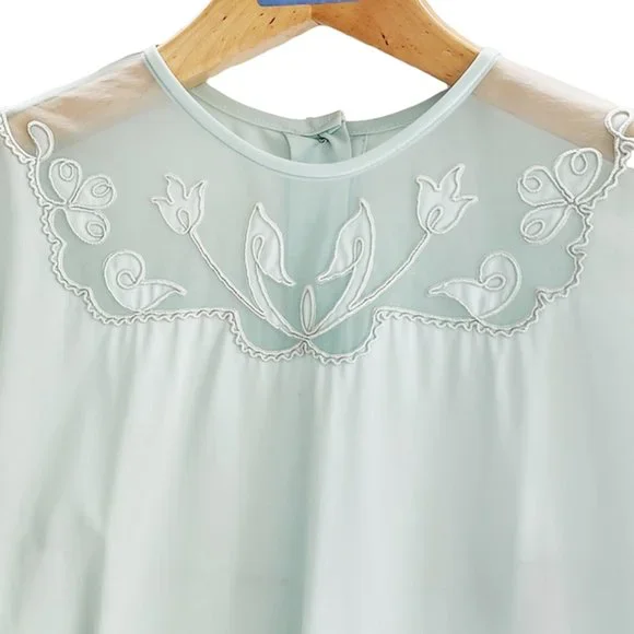 1950s Vintage Mint Green Nylon Short Sleeve Blouse With Yoke Designs Extra Large - Picture 6 of 7